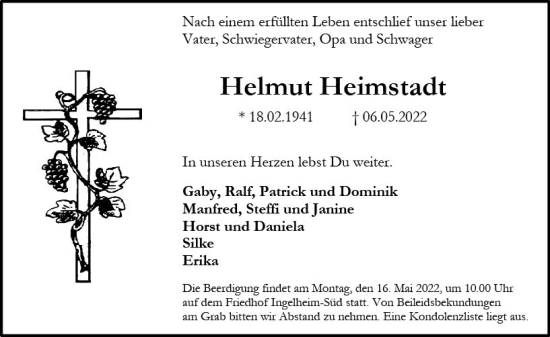 Traueranzeige von Helmut Heimstadt von vrm-trauer Allgemeine  Zeitung Ingelheim-Bingen