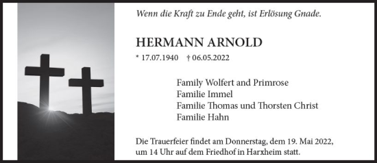 Traueranzeige von Hermann Arnold von vrm-trauer AZ Mainz