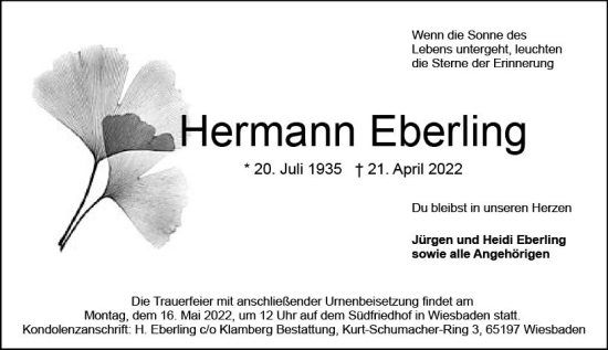 Traueranzeige von Hermann Eberling von vrm-trauer Wiesbadener Kurier