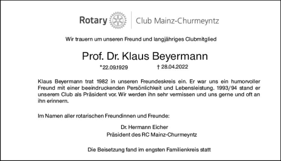 Traueranzeige von Klaus Beyermann von vrm-trauer AZ Mainz