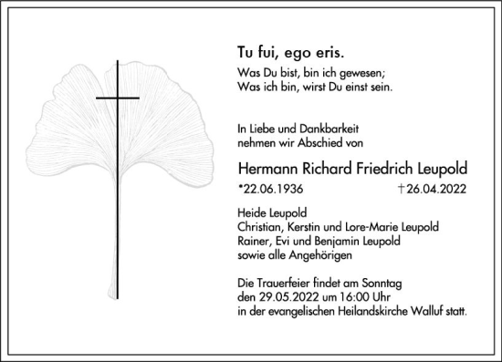 Traueranzeige von Hermann Richard Friedrich Leupold von vrm-trauer Wiesbadener Kurier