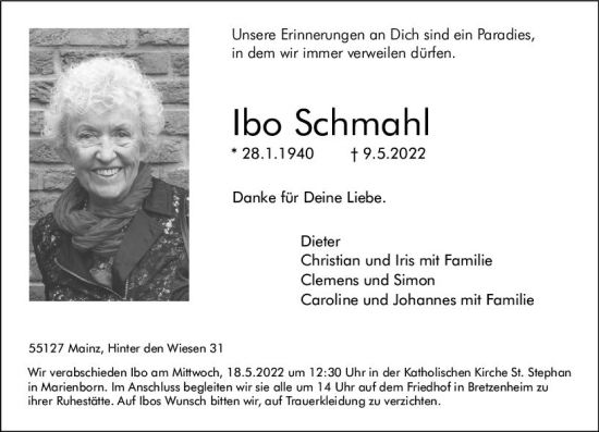 Traueranzeige von Ibo Schmahl von vrm-trauer AZ Mainz