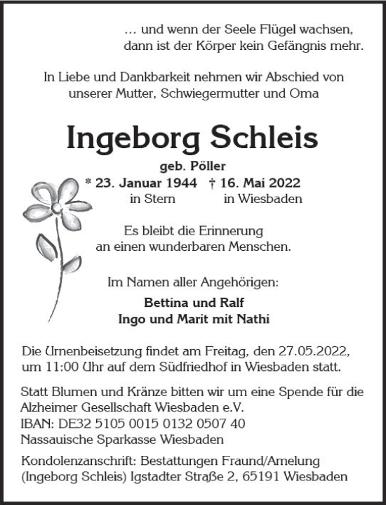 Traueranzeige von Ingeborg Schleis von vrm-trauer Wiesbadener Kurier