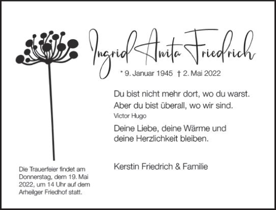 Traueranzeige von Ingrid Anita Friedrich von vrm-trauer Darmstädter Echo