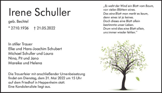 Traueranzeige von Irene Schuller von vrm-trauer Bürstädter/Lamperth. Ztg/Starkenburger