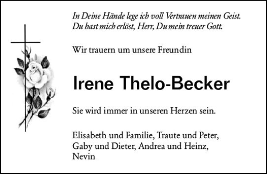 Traueranzeige von Irene Thelo-Becker von vrm-trauer Odenwälder Echo