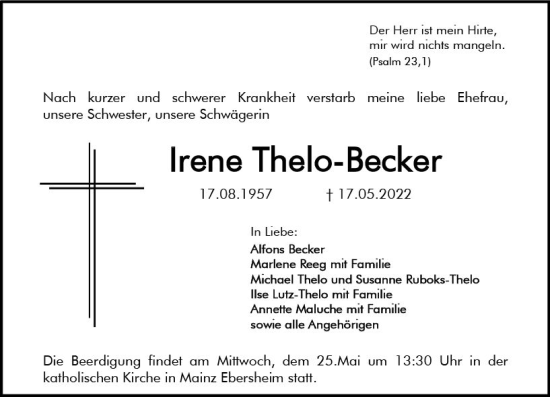 Traueranzeige von Irene Thelo-Becker von vrm-trauer Odenwälder Echo