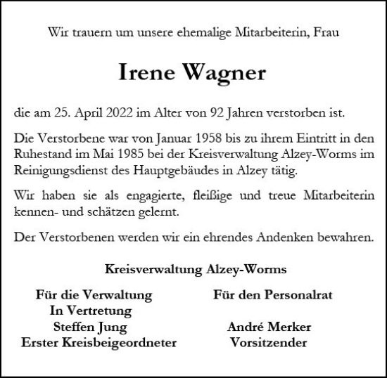 Traueranzeige von Irene Wagner von vrm-trauer Allgemeine Zeitung Alzey