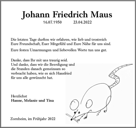 Traueranzeige von Johann Friedrich Maus von vrm-trauer AZ Mainz