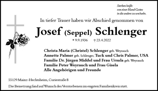 Traueranzeige von Josef Schlenger von vrm-trauer AZ Mainz