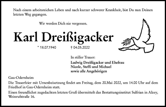 Traueranzeige von Karl Dreißigacker von vrm-trauer Allgemeine Zeitung Alzey