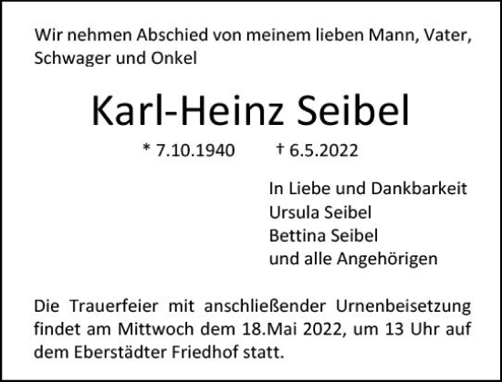 Traueranzeige von Karl-Heinz Seibel von vrm-trauer Darmstädter Echo