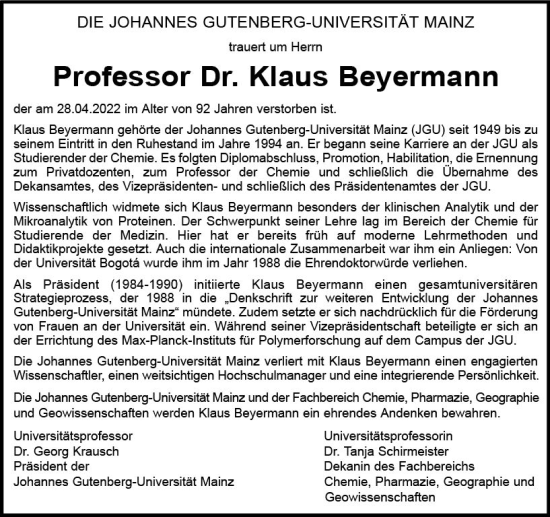 Traueranzeige von Klaus Beyermann von vrm-trauer AZ Mainz