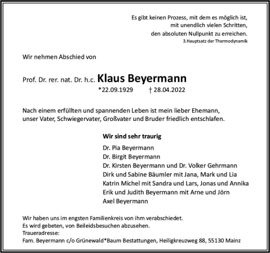 Traueranzeige von Klaus Beyermann von vrm-trauer AZ Mainz