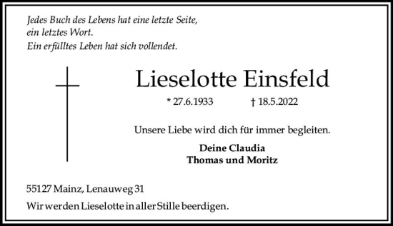 Traueranzeige von Lieselotte Einsfeld von vrm-trauer AZ Mainz