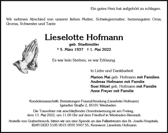 Traueranzeige von Lieselotte Hofmann von vrm-trauer Wiesbadener Kurier