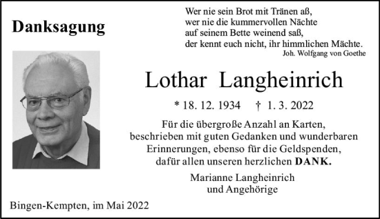 Traueranzeige von Lothar Langheinrich von vrm-trauer Allgemeine  Zeitung Ingelheim-Bingen