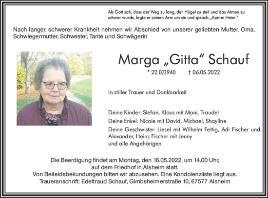Traueranzeige von Marga Schauf von vrm-trauer Wormser Zeitung