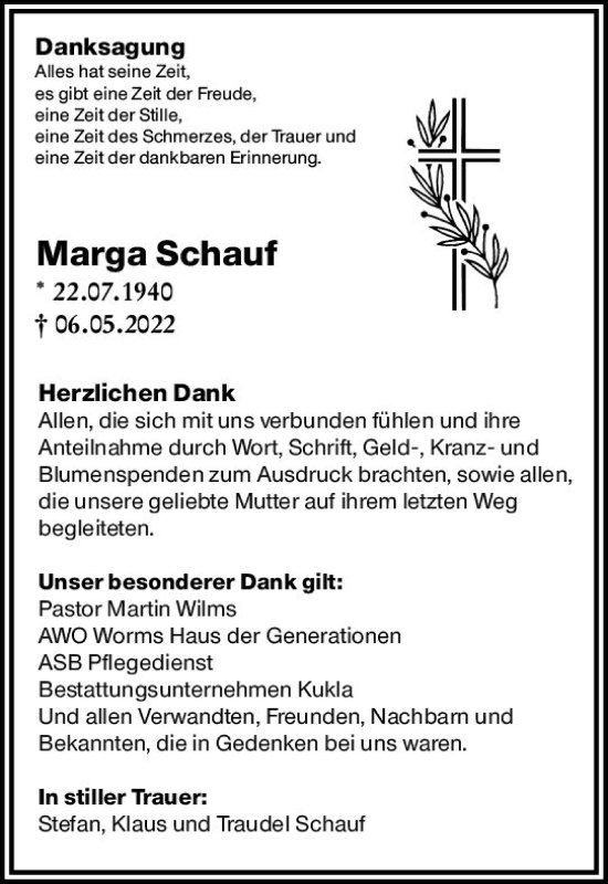 Traueranzeige von Marga Schauf von vrm-trauer Wormser Zeitung