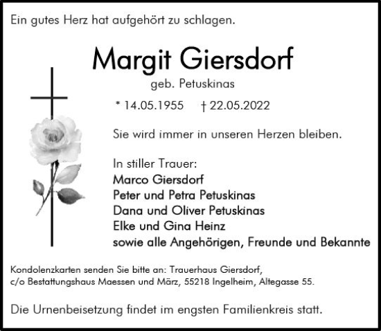 Traueranzeige von Margit Giersdorf von vrm-trauer Allgemeine  Zeitung Ingelheim-Bingen