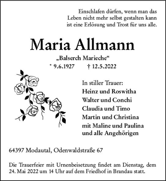 Traueranzeige von Maria Allmann von vrm-trauer Darmstädter Echo