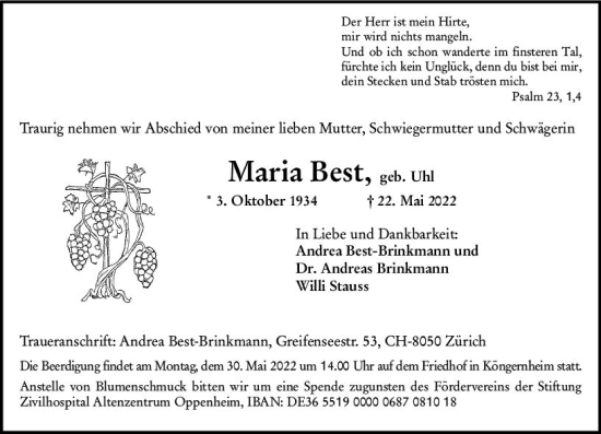 Traueranzeige von Maria Best von vrm-trauer AZ Mainz