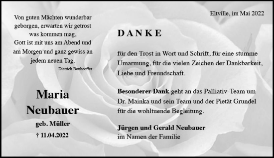 Traueranzeige von Maria Neubauer von vrm-trauer Wiesbadener Kurier