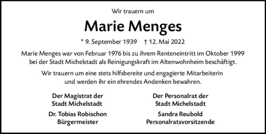 Traueranzeige von Marie Menges von vrm-trauer Odenwälder Echo