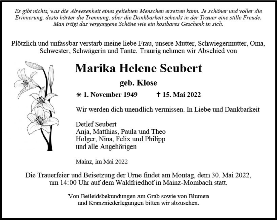 Traueranzeige von Marika Helene Seubert von vrm-trauer AZ Mainz