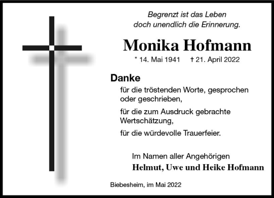 Traueranzeige von Monika Hofmann von vrm-trauer Groß-Gerauer Echo