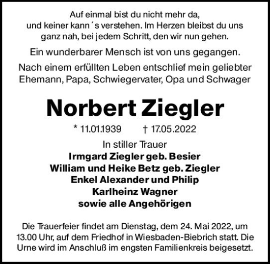 Traueranzeige von Norbert Ziegler von vrm-trauer Wiesbadener Kurier