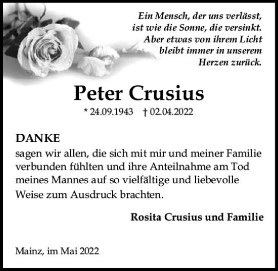 Traueranzeige von Peter Crusius von vrm-trauer AZ Mainz