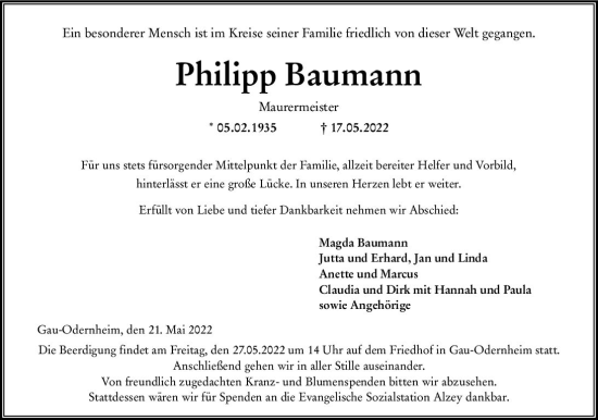 Traueranzeige von Philipp Baumann von vrm-trauer Allgemeine Zeitung Alzey Traueranzeige von Philipp Baumann von vrm-trauer Allgemeine Zeitung Alzey