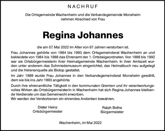 Traueranzeige von Regina Johannes von vrm-trauer Wormser Zeitung