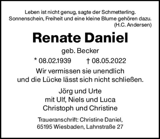 Traueranzeige von Renate Daniel von vrm-trauer Wiesbadener Kurier