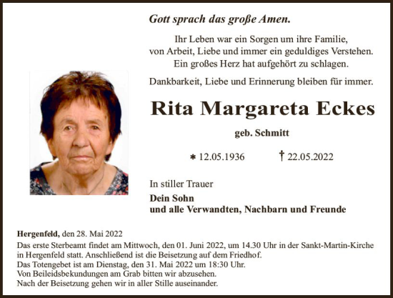 Traueranzeige von Rita Margareta Eckes von vrm-trauer Allg. Zeitung Bad Kreuznach