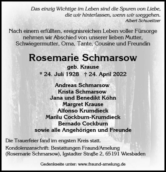 Traueranzeige von Rosemarie Schmarsow von vrm-trauer Wiesbadener Kurier