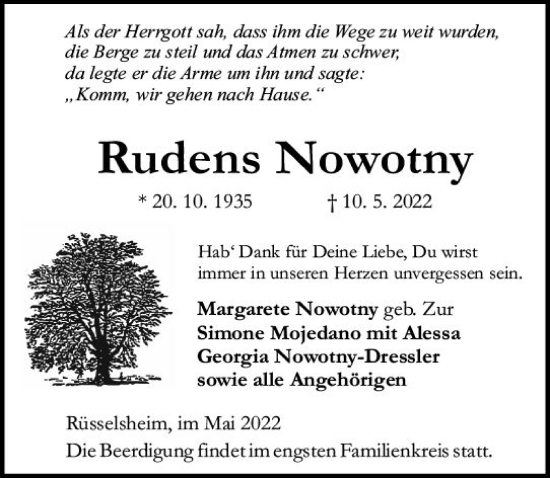 Traueranzeige von Rudens Nowotny von vrm-trauer Rüsselsheimer Echo / MainSpitze