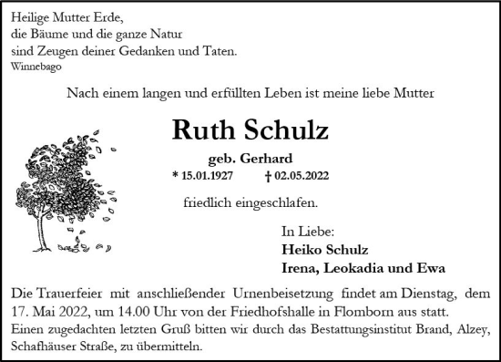 Traueranzeige von Ruth Schulz von vrm-trauer Allgemeine Zeitung Alzey