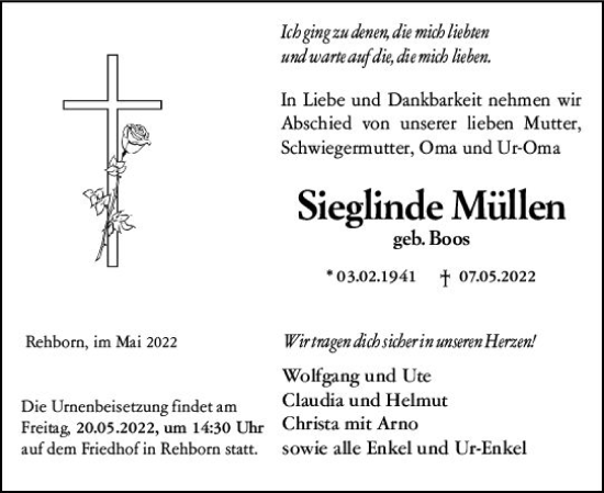 Traueranzeige von Sieglinde Müllen von vrm-trauer Allg. Zeitung Bad Kreuznach