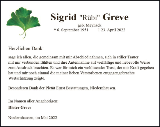 Traueranzeige von Sigrid Greve von vrm-trauer Wiesbadener Kurier