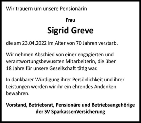 Traueranzeige von Sigrid Greve von vrm-trauer Wiesbadener Kurier