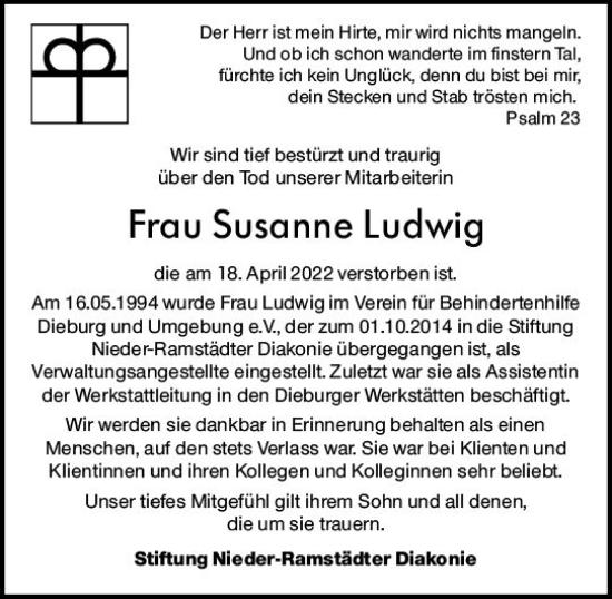 Traueranzeige von Susanne Ludwig von vrm-trauer DieburgerAnzeiger/Groß-Zimmerner Lokala