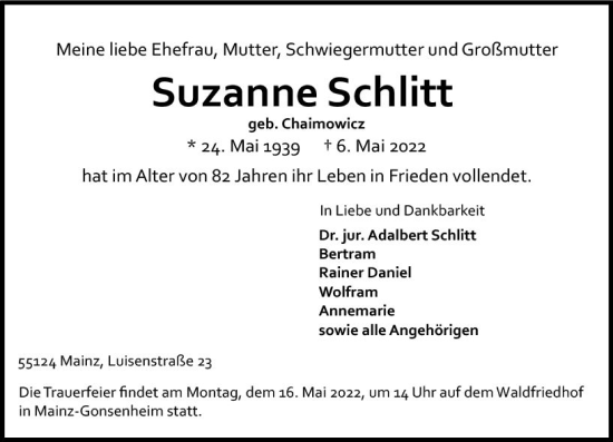 Traueranzeige von Suzanne Schlitt von vrm-trauer AZ Mainz