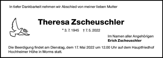 Traueranzeige von Theresa Zscheuschler von vrm-trauer Wormser Zeitung