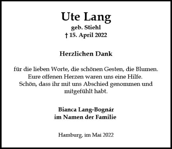 Traueranzeige von Ute Lang von vrm-trauer Wiesbadener Kurier