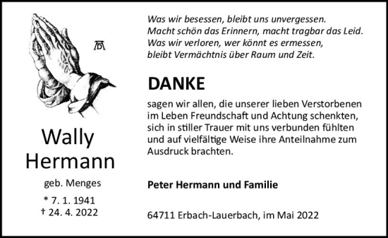 Traueranzeige von Wally Hermann von vrm-trauer Odenwälder Echo