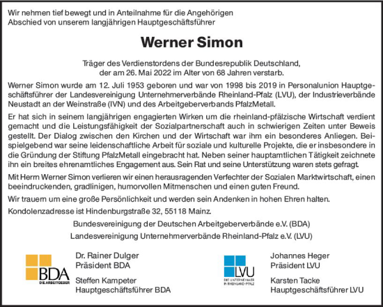 Traueranzeige von Werner Simon von vrm-trauer AZ Mainz