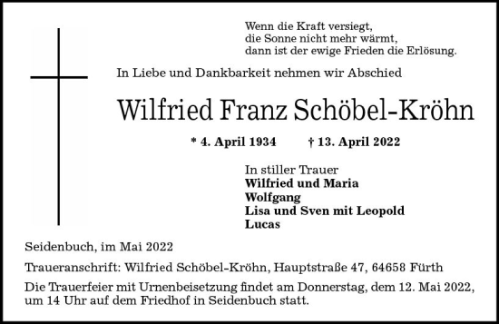Traueranzeige von Wilfried Franz Schöbel-Kröhn von vrm-trauer Bürstädter/Lamperth. Ztg/Starkenburger