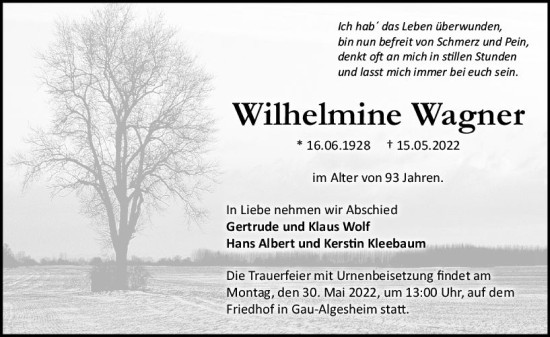Traueranzeige von Wilhelmine Wagner von vrm-trauer Allgemeine  Zeitung Ingelheim-Bingen Traueranzeige von Wilhelmine Wagner von vrm-trauer Allgemeine  Zeitung Ingelheim-Bingen